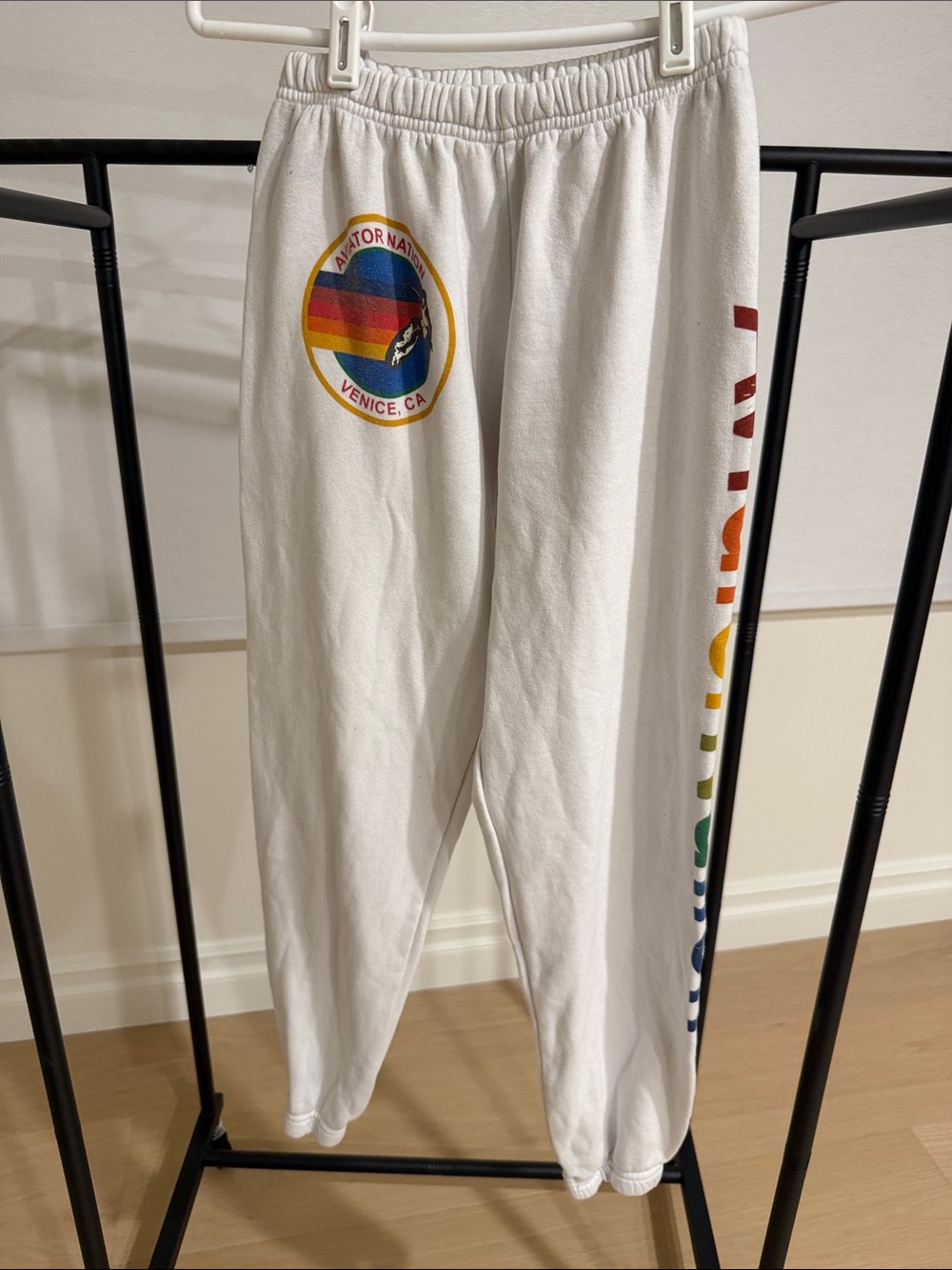 Aviator Nation White Sweatpants with Rainbow Logo